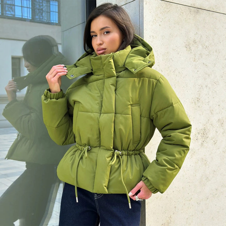 Women’s short padded hooded jacket with waist drawstring and high stand-up collar Amarae