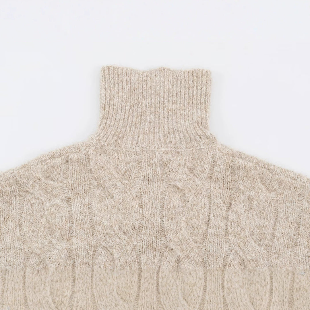 Women's Chunky Knit Long Sweater with Cable Pattern and Half-High Zip Collar Amarae