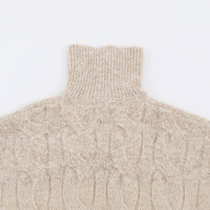 Women's Chunky Knit Long Sweater with Cable Pattern and Half-High Zip Collar Amarae