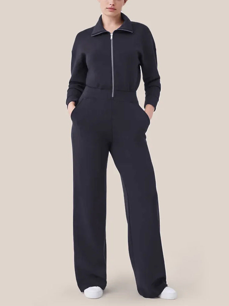 Ladies Luxurious Lounge Jumpsuit with elegant high collar and convenient zipper Lune London