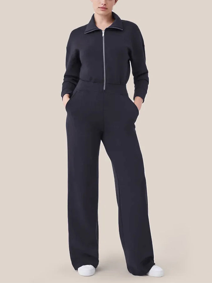 Ladies Luxurious Lounge Jumpsuit with elegant high collar and convenient zipper Lune London