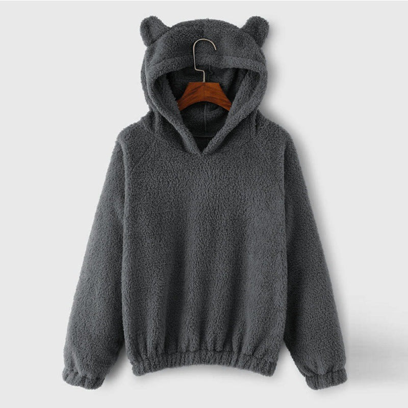 Women's Cozy Teddy Hooded Sweater with Bear Ears and Drawstring Hem Amarae