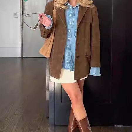 Vintage style suede blazer for women with pockets Amarae