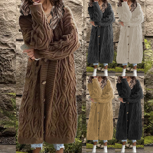 Thick knit coat for women with an elegant cable structure and practical buttons Amarae