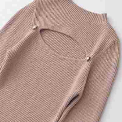 Women's Ribbed Stretch Fine Knit Sweater with Chest Cut-Out and Decorative Buttons Amarae