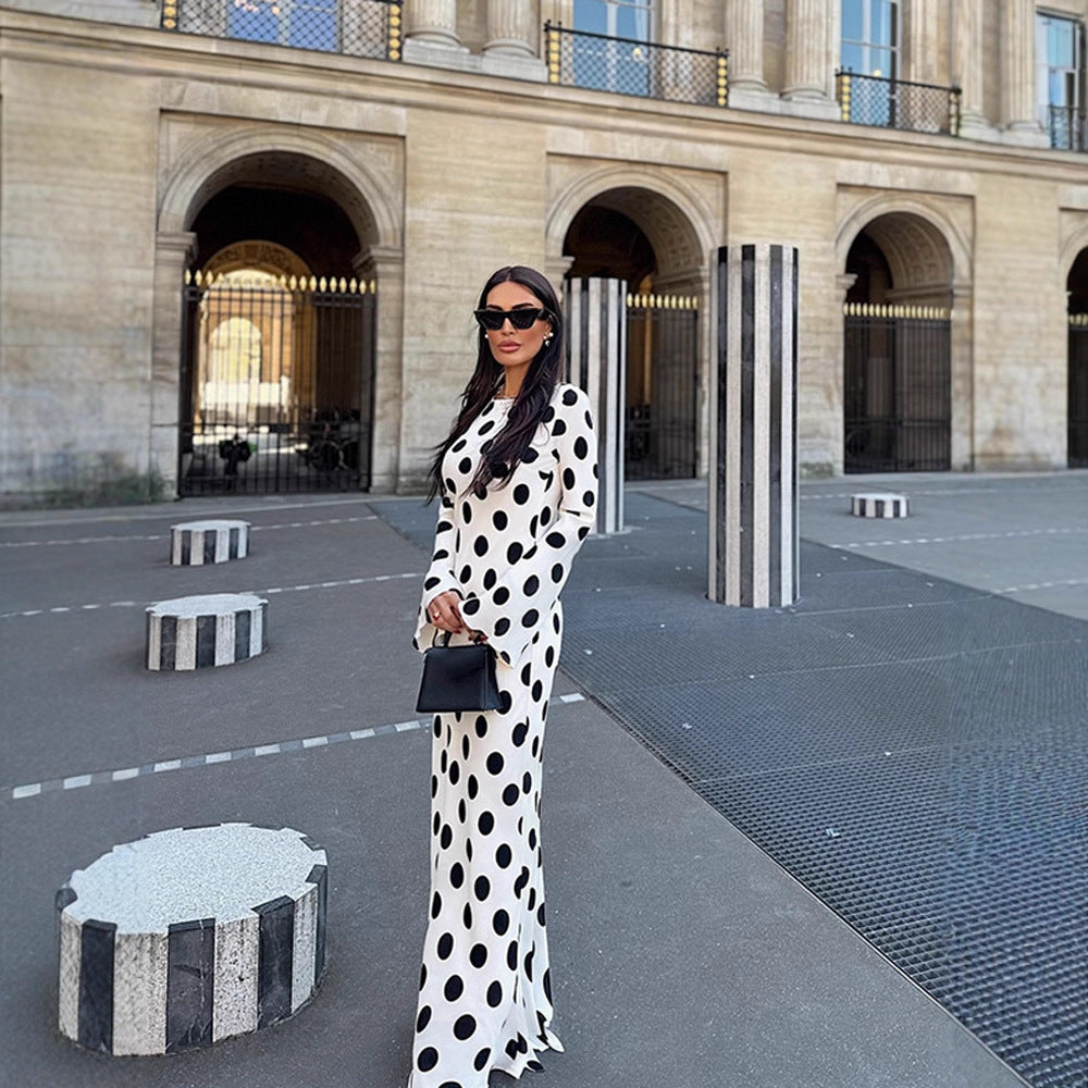 Women's Figure-Hugging Polka Dot Maxi Dress with Trumpet Sleeves & Round Neckline Amarae