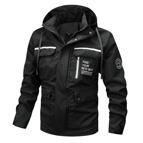 Multi-functional outdoor jacket for men with adjustable hood and reflective elements Amarae