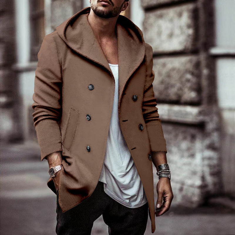 Elegant men's hoodie coat with double row of buttons and wide collar Lune London