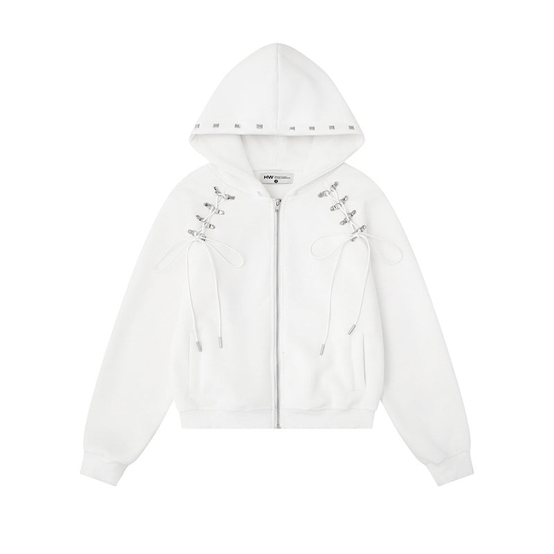 Women's hooded sweat jacket with lacing, metal eyelets, and long zipper Amarae
