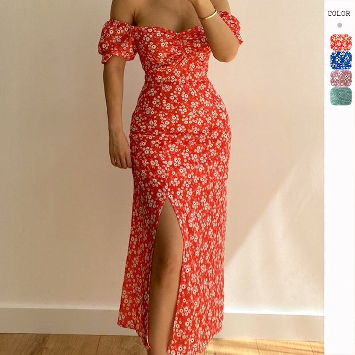 Women's Figure-Hugging Maxi Dress with Floral Pattern and Off-Shoulder Design Lune London