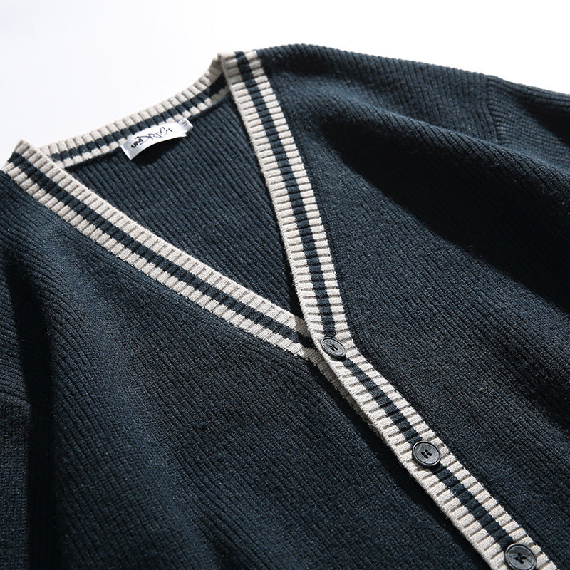 Unisex Oversize Knit Cardigan with Contrast Stripes, V-Neck and Patch Pockets Amarae