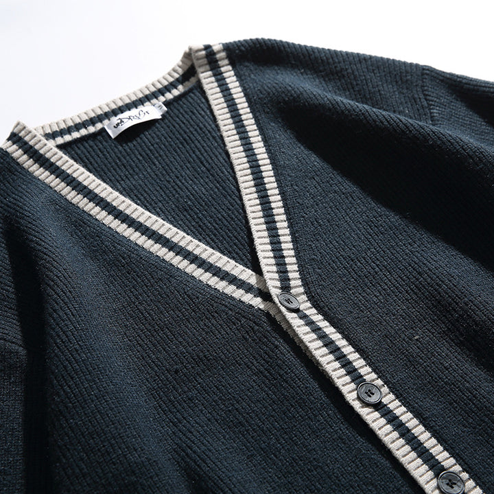 Unisex Oversize Knit Cardigan with Contrast Stripes, V-Neck and Patch Pockets Amarae