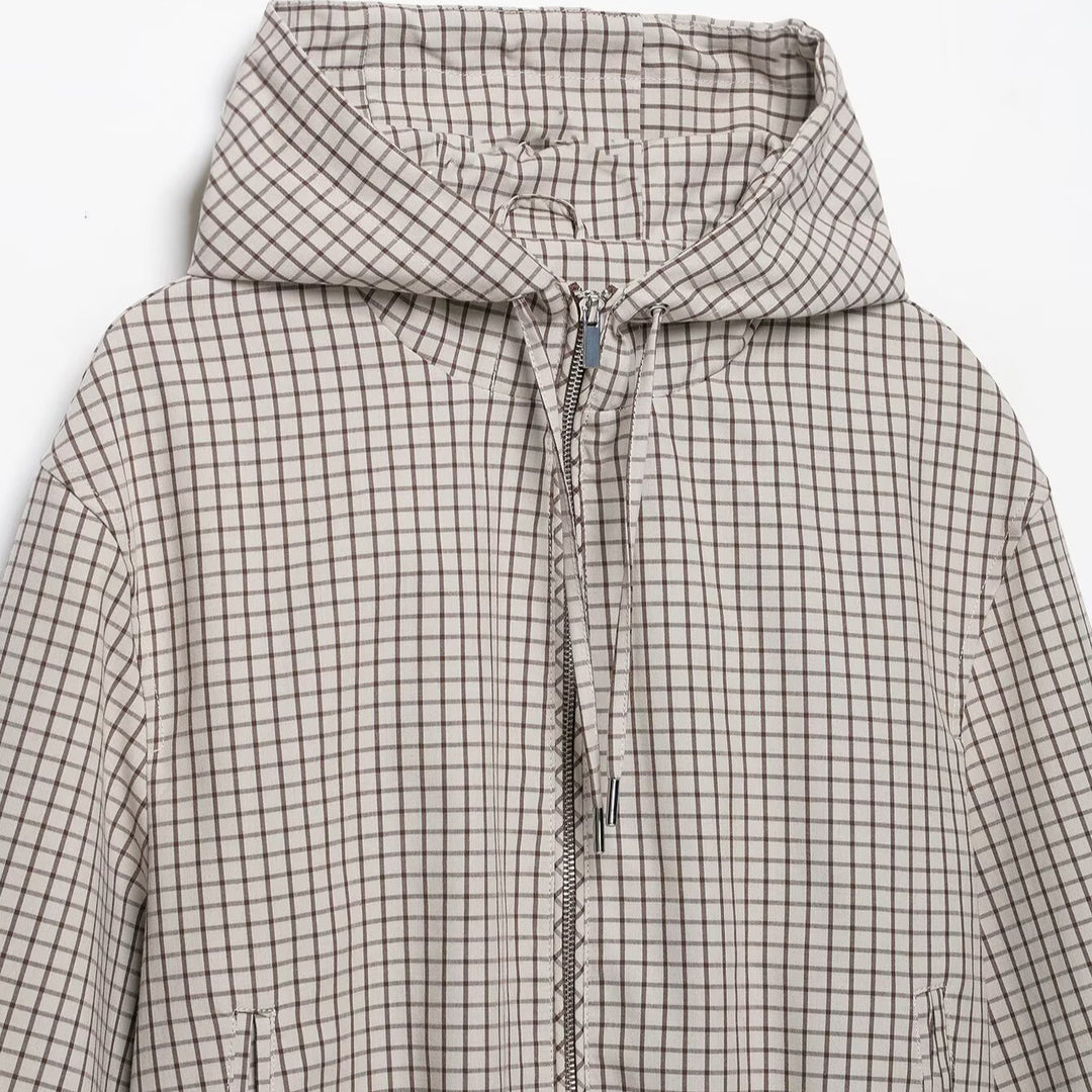 Women Lightweight Hooded Jacket in Check Pattern with Drawstring Hem and Elastic Cuffs Amarae