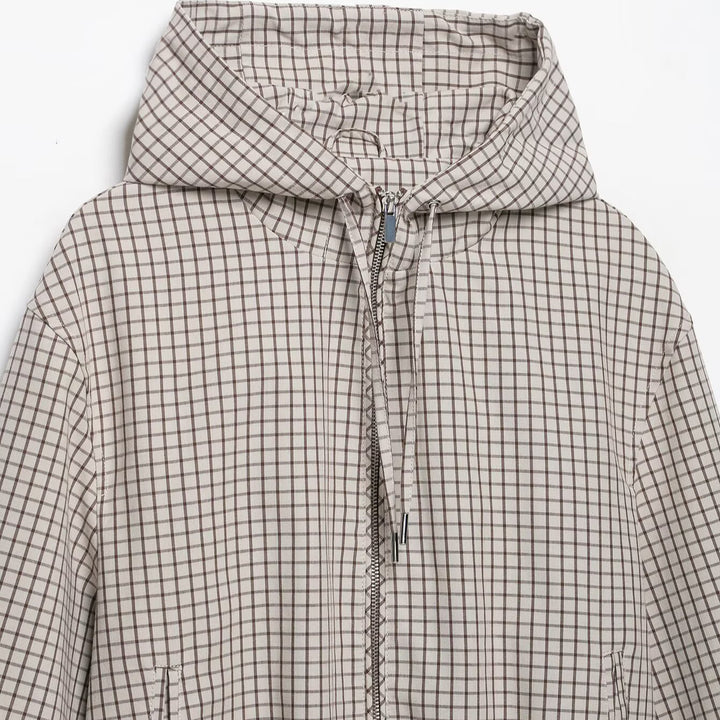 Women Lightweight Hooded Jacket in Check Pattern with Drawstring Hem and Elastic Cuffs Amarae