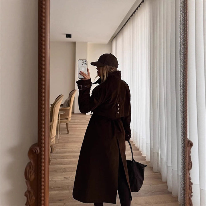 Women's Maxi Length Trench Coat in Velour Look with Double-Breasted Button Placket and Oversized Cut Amarae