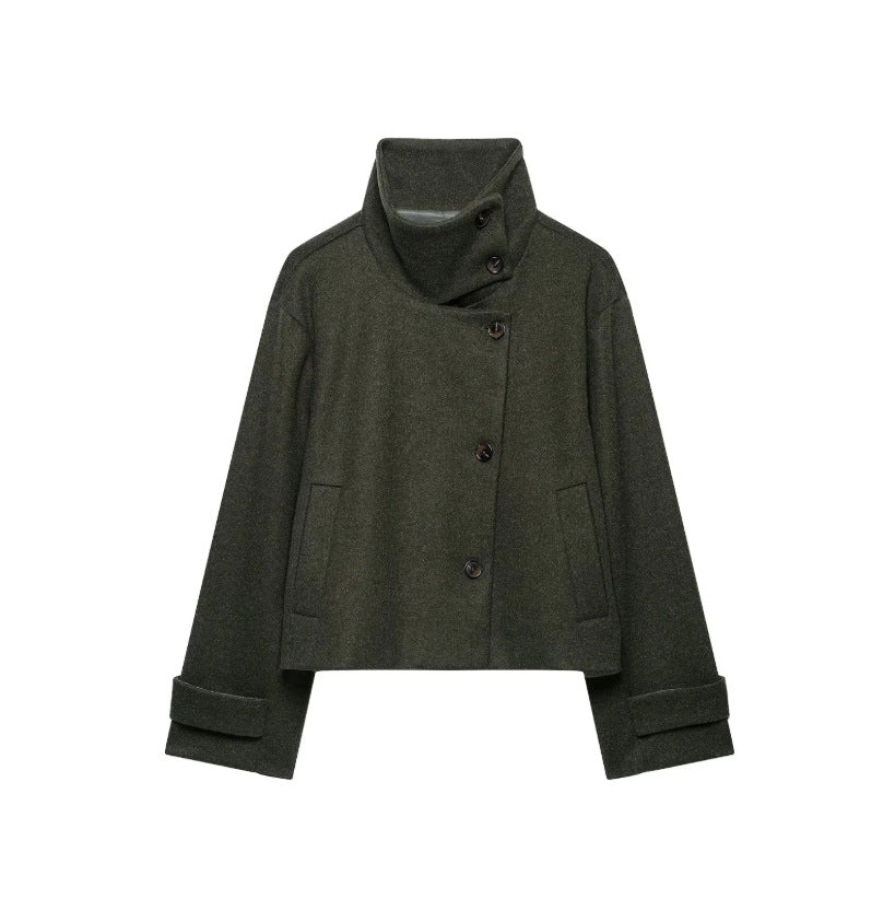 Women's Cropped Wool Blend Short Jacket with High Stand Collar, Asymmetric Button Placket and Cuffed Sleeves Amarae