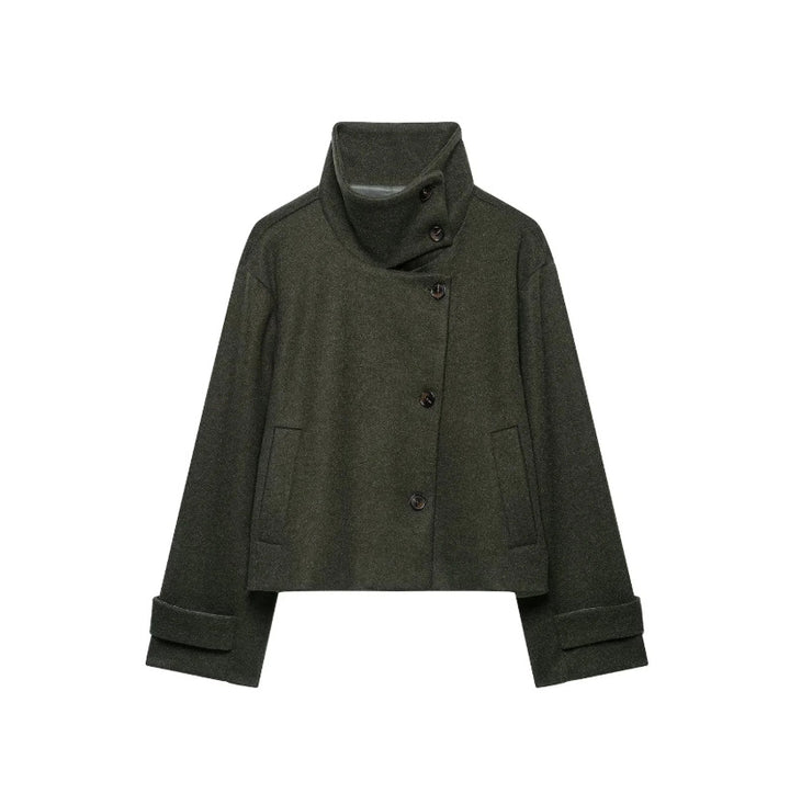 Women's Cropped Wool Blend Short Jacket with High Stand Collar, Asymmetric Button Placket and Cuffed Sleeves Amarae