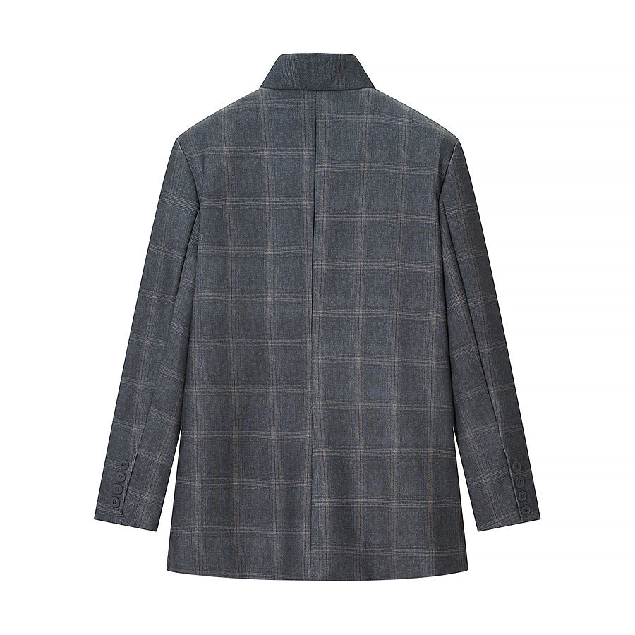 Men's Asymmetrical Stand Collar Blazer with Check Pattern and Hidden Button Placket Amarae