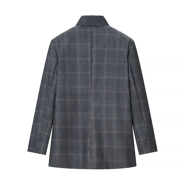 Men's Asymmetrical Stand Collar Blazer with Check Pattern and Hidden Button Placket Amarae