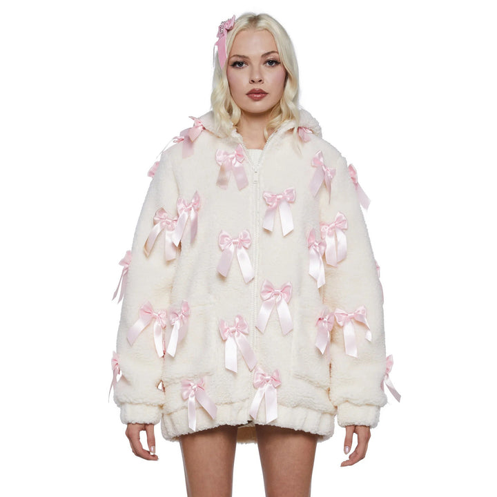 Fleece jacket for women with elaborate satin bows Lune London