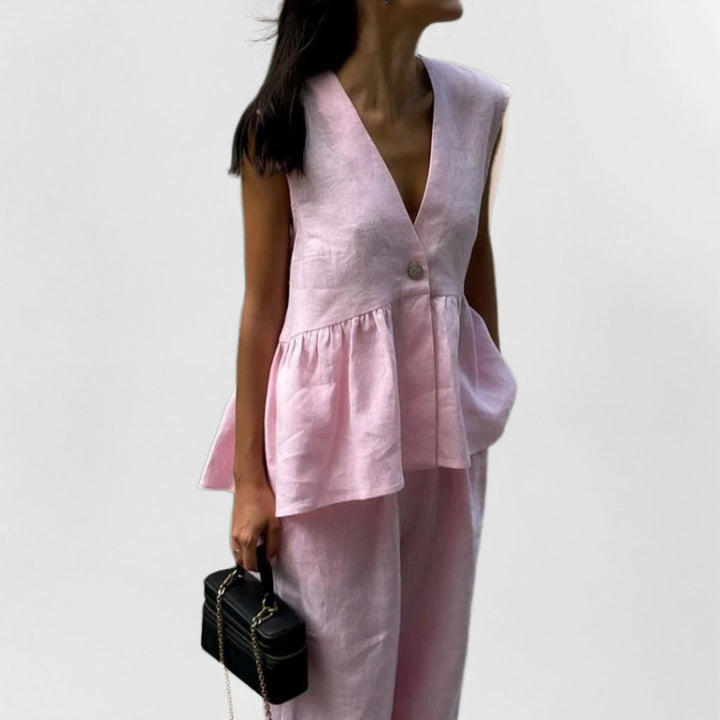 Ensemble pour femme en lin léger avec un décolleté en V profond et des jambes larges Chic & Stil