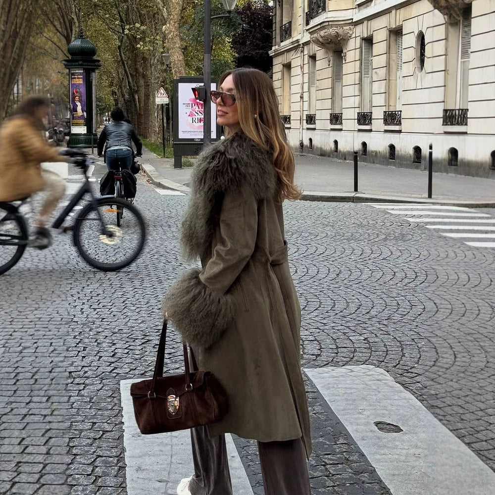 Women's Midi Length Tied Coat in Suede Look with Oversized Fur Collar and Voluminous Fur Cuffs Amarae