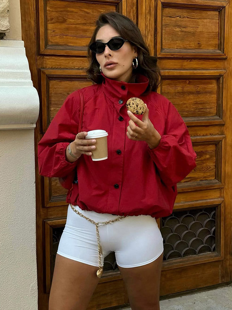 Women's Oversize Short Bomber Jacket with High Stand Collar, Concealed Snap Button Placket and Drawstring Hem Amarae