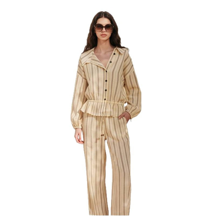 Women Striped Two-Piece Loungewear Set with Oversized Shirt Jacket and Drawstring Pants Amarae