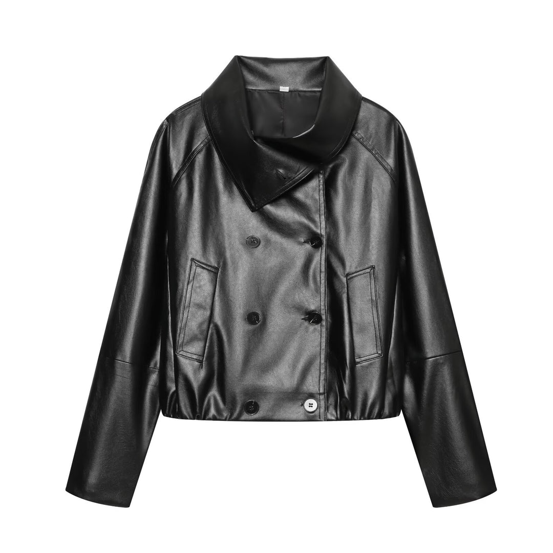 Women's Cropped Faux Leather Jacket with Wide Funnel Collar and Double-Breasted Button Placket Amarae