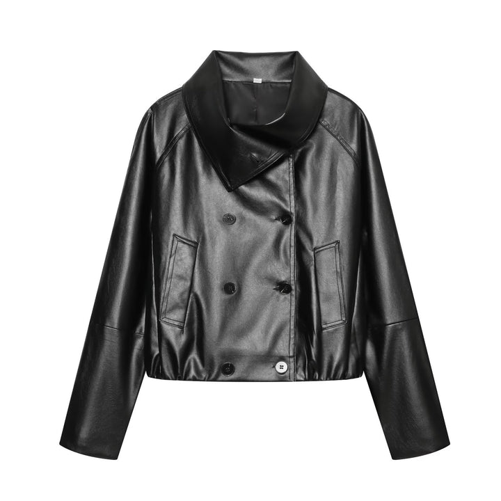 Women's Cropped Faux Leather Jacket with Wide Funnel Collar and Double-Breasted Button Placket Amarae