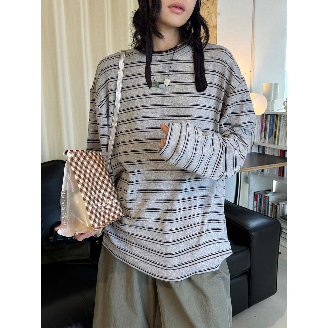 Women Casual Oversized Long Sleeve Shirt with Fine Striped Pattern and Dropped Shoulder Amarae