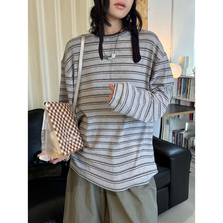 Women Casual Oversized Long Sleeve Shirt with Fine Striped Pattern and Dropped Shoulder Amarae