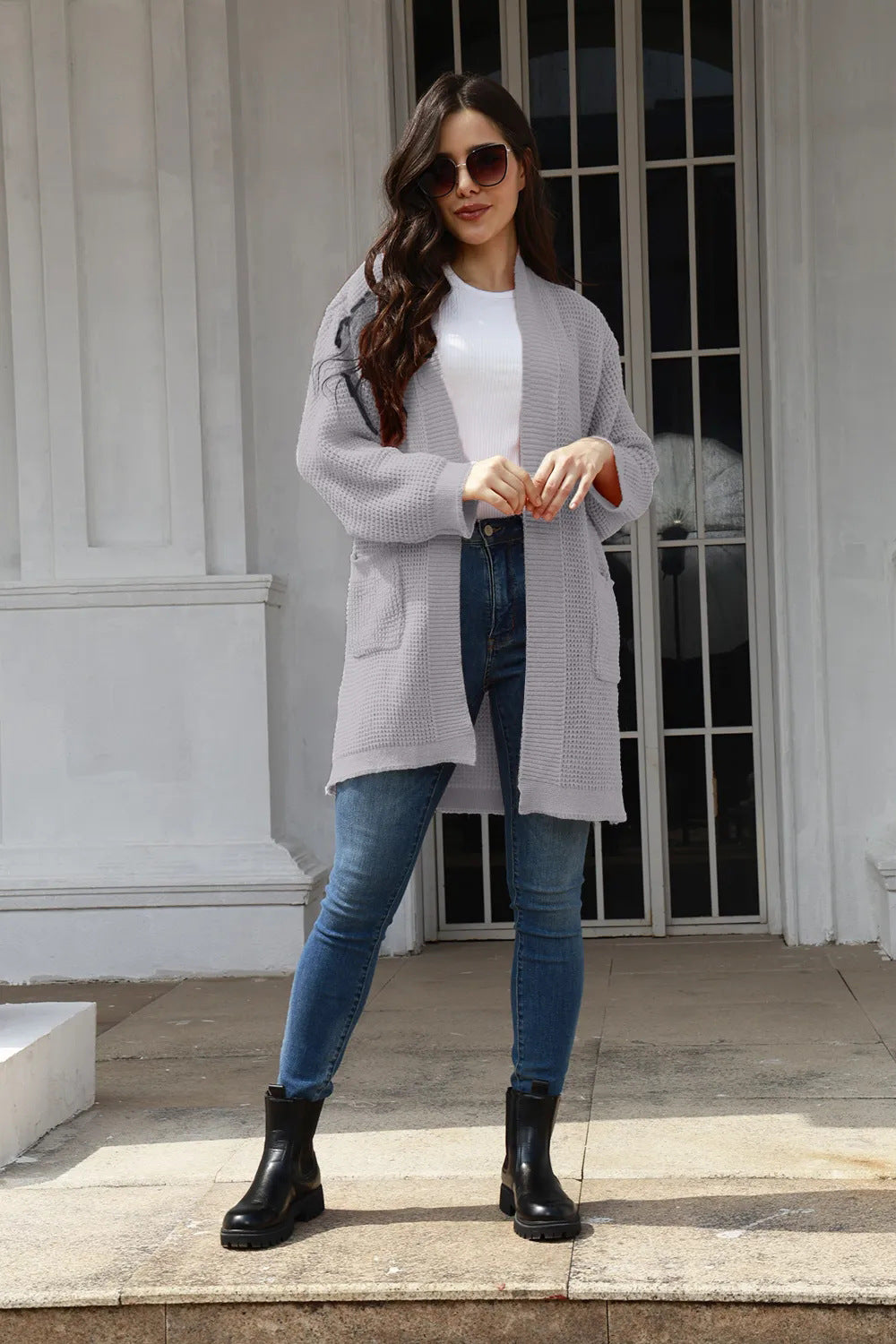 Casual knitted coat for women with open front panels and deep pockets Lune Londonl