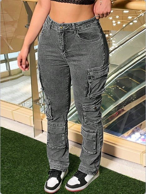Women’s cargo denim pants with multiple flap pockets, knee panels, and high-waisted fit Amarae