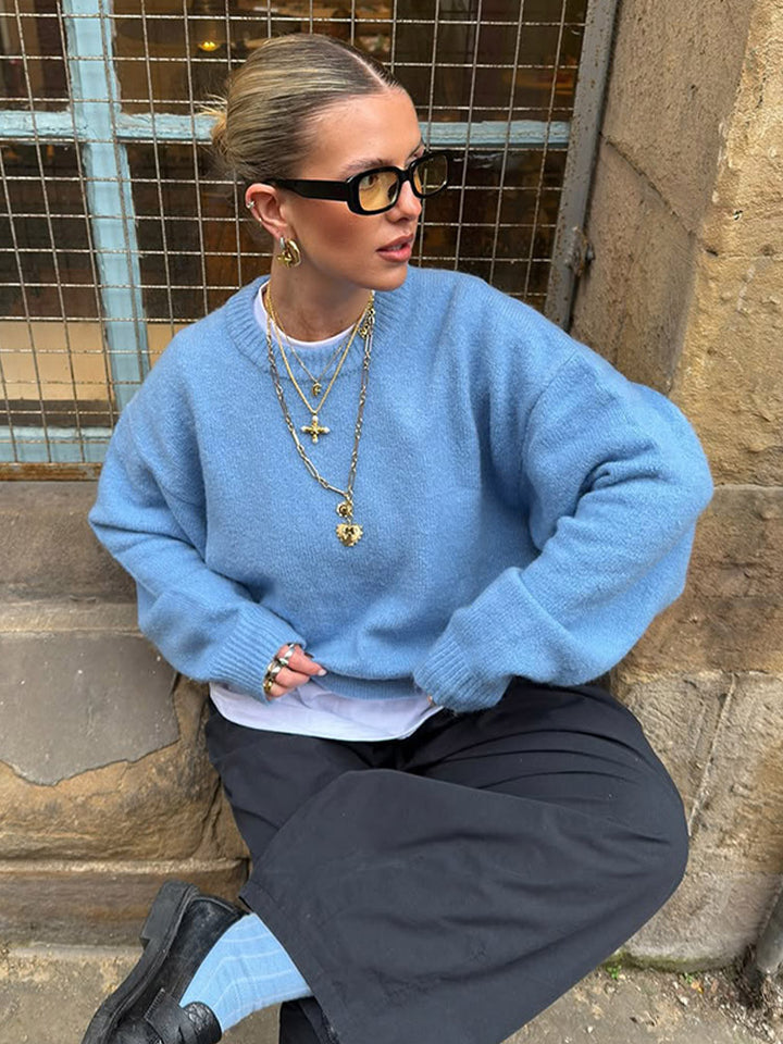 Women Fluffy Boxy Knit Sweater made of Alpaca Mix with Wide Round Neckline Amarae