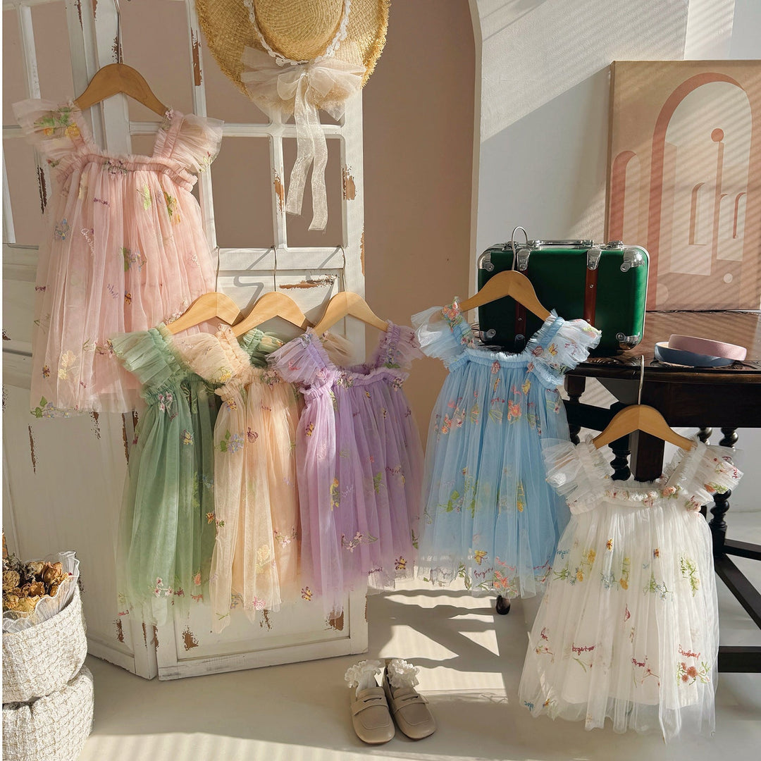 Girls Embroidered Tulle Party Dress with Ruffle Straps Lune London