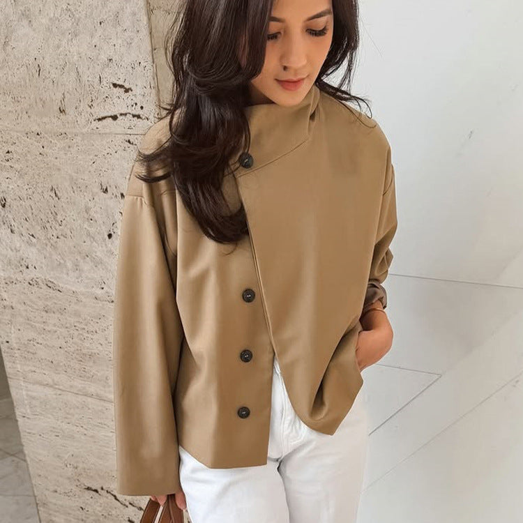 Women's short A-line coat jacket with stand-up collar and asymmetrical button placket Amarae