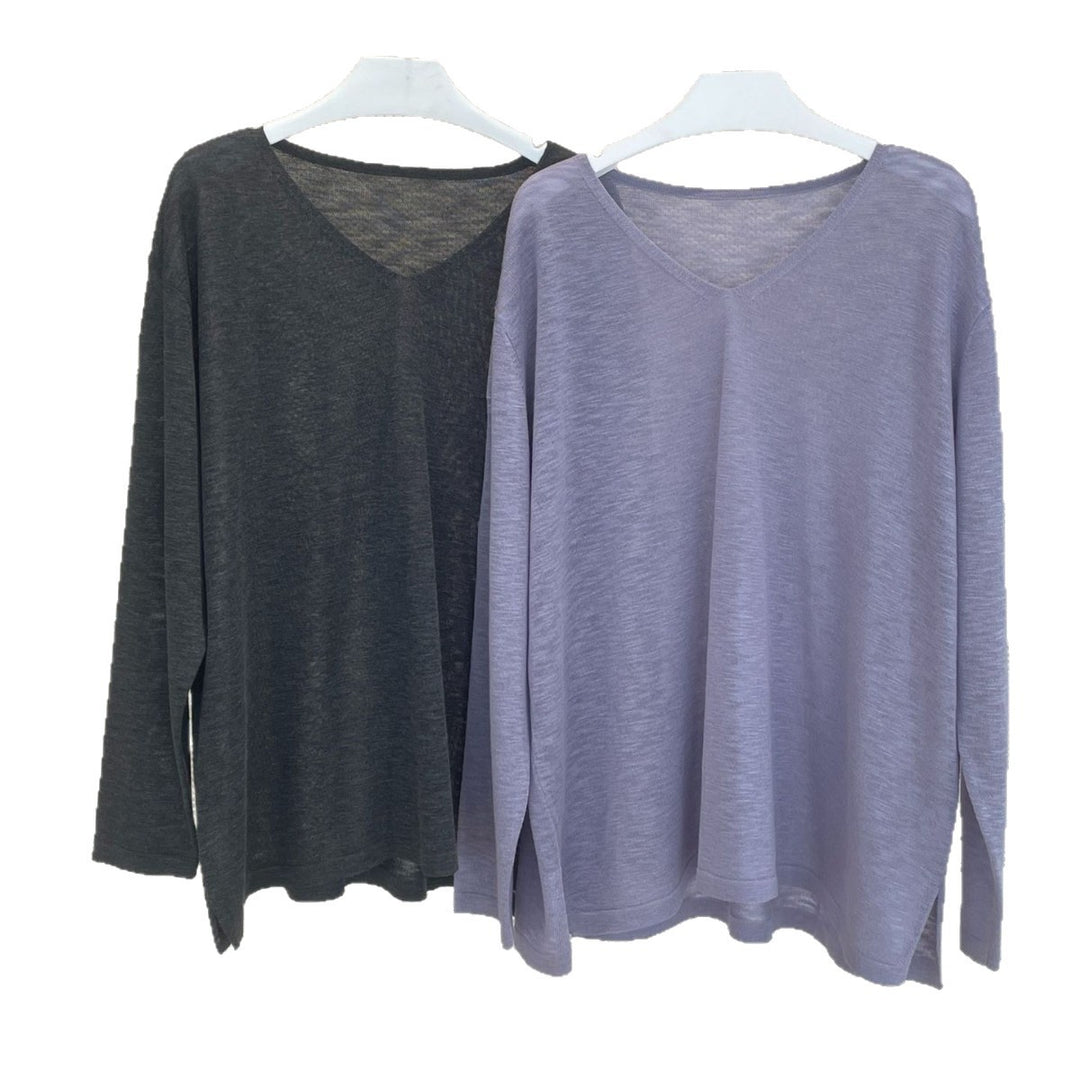 Women Casual V-Neck Fine Knit Long Sleeve with Dropped Shoulder Amarae