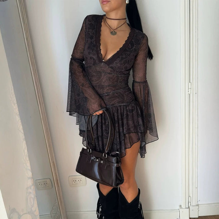 Ladies Transparent Lace Mini Dress with Deep V-Neck, Ruffled Skirt & Bell Sleeves Amarae