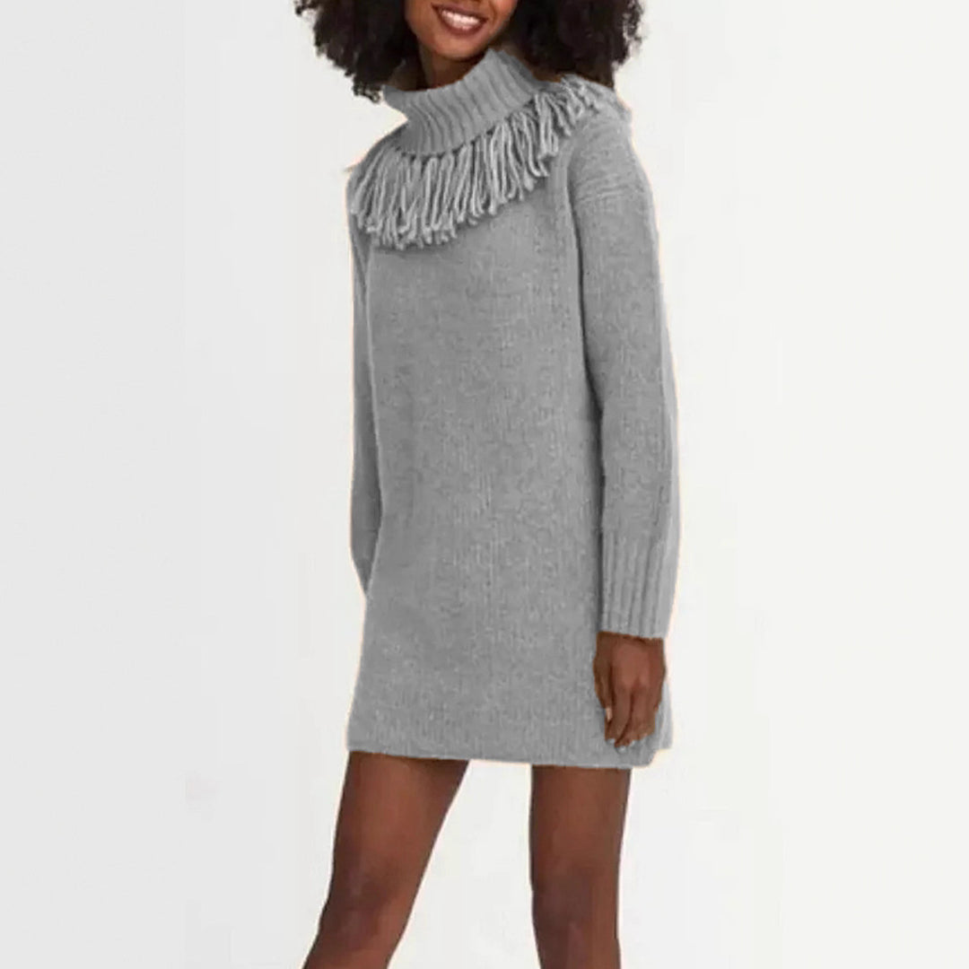 Knit dress for women with high turtleneck and trendy fringes Lune London