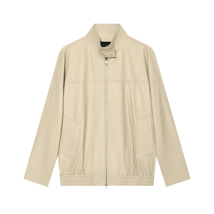 Women's loosely cut leather-look transitional jacket with stand-up collar, two-way zipper, and kangaroo pockets Amarae