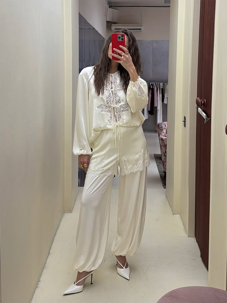 Women's Satin Loungewear Set with Lace Trim, Drawstring Top and Ballooned Palazzo Pants Amarae