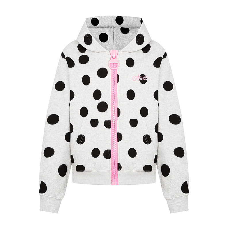 Women's cropped hooded zip jacket with large polka dot pattern and decorative zipper Amarae