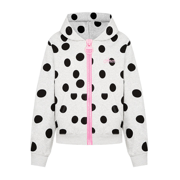 Women's cropped hooded zip jacket with large polka dot pattern and decorative zipper Amarae