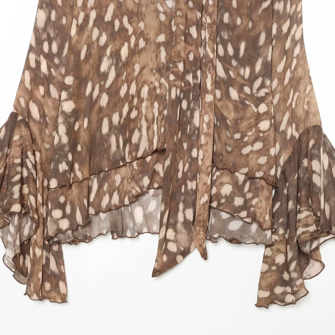 Ladies chiffon blouse with tie, V-neck and multilayer ruffle hem Amarae