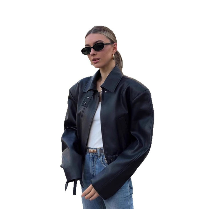 Women's Cropped Oversized Leather Jacket with Shirt Collar, Cropped Silhouette and Extra-Wide Sleeves Amarae