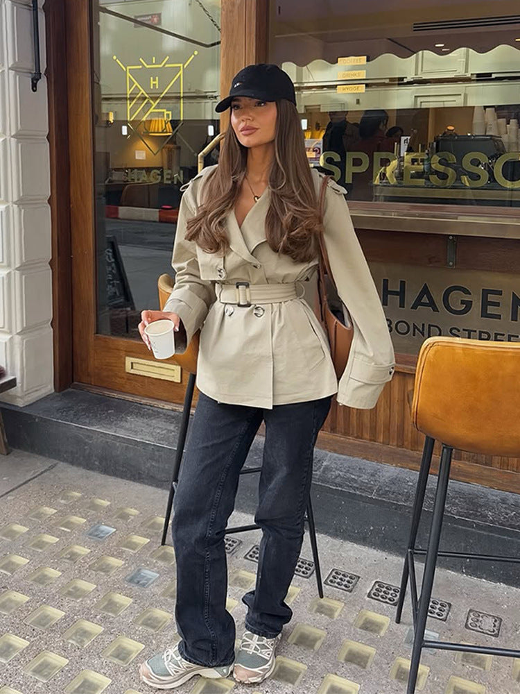 Women Short Tailored Trench Coat with Belt and Epaulettes Amarae