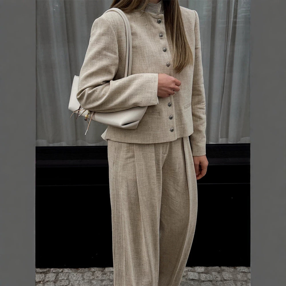 Women's stand collar jacket with metal buttons and wide pleated trousers Amarae