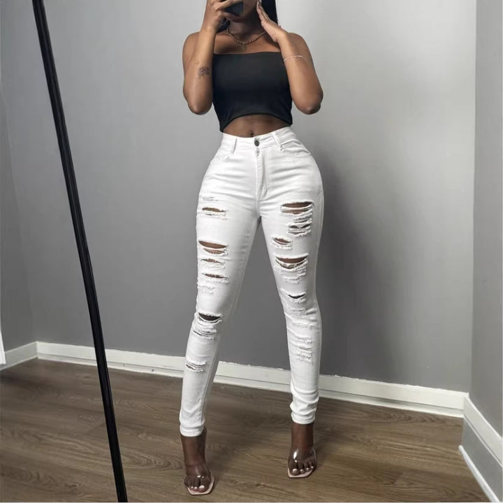Women's High-Waisted Skinny Jeans with Asymmetrical Destruction Look and Shaping Waistband Amarae