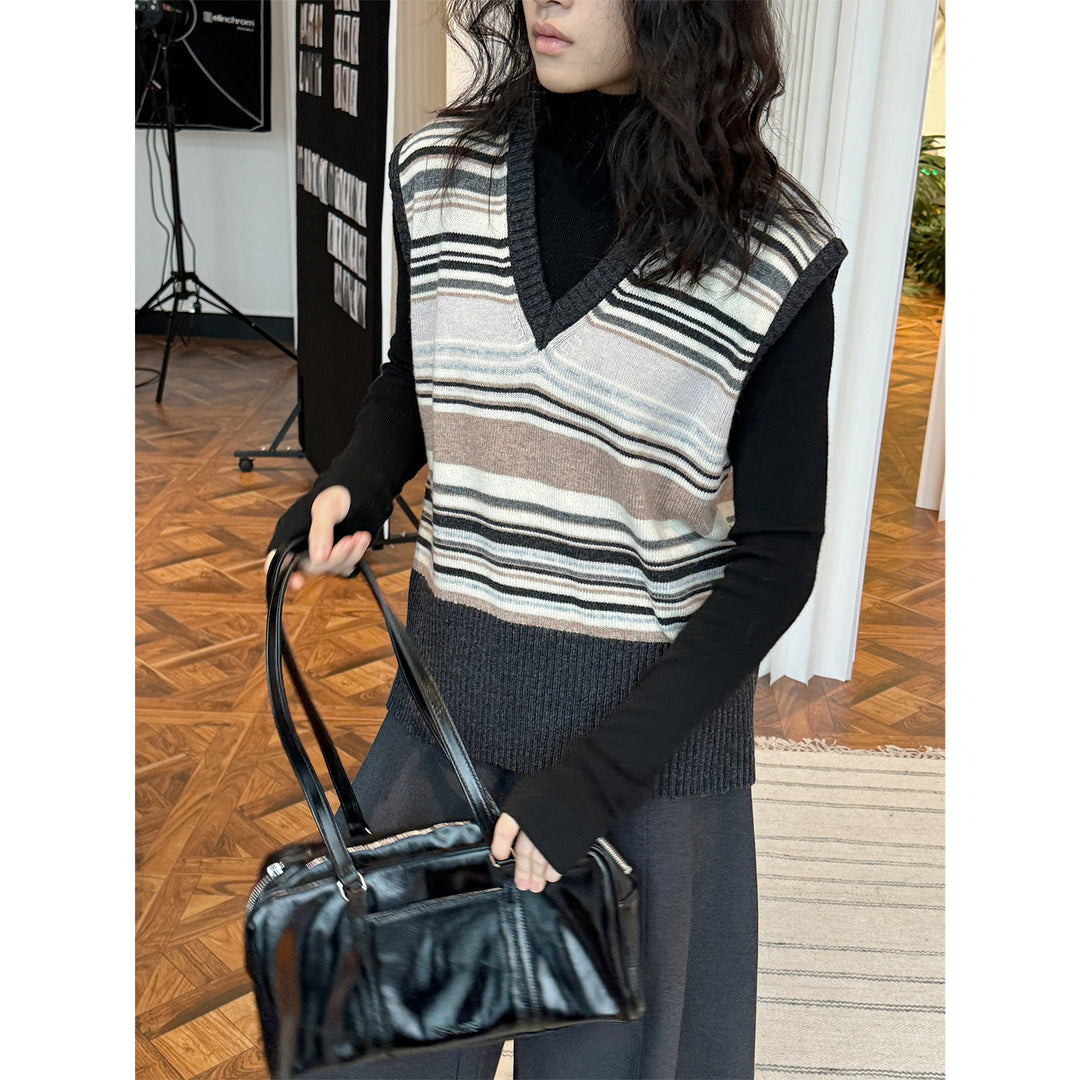 Women Striped Knit Vest with V-Neck and Ribbed Hem Amarae